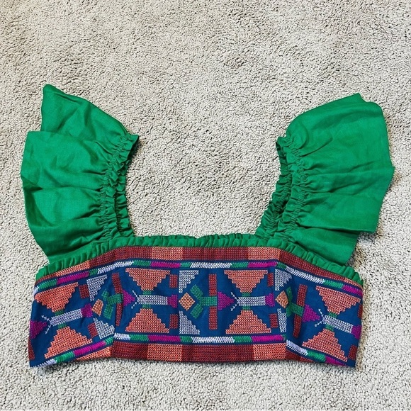 NWT! Farm Rio Tropical Green Linen Embroidered Smocked Back Crop Top. Size XL. - Picture 5 of 14
